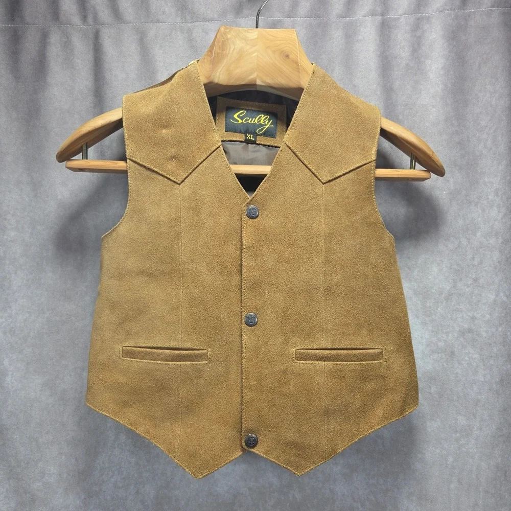 Scully Kids Youth XL Tan Suede Leather Western Vest Oklahoma State Seal Buttons
